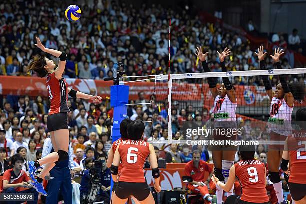 Saori Kimura of Japan spikes the ball during after the Women's World Olympic Qualification game between Japan and Peru at Tokyo Metropolitan...