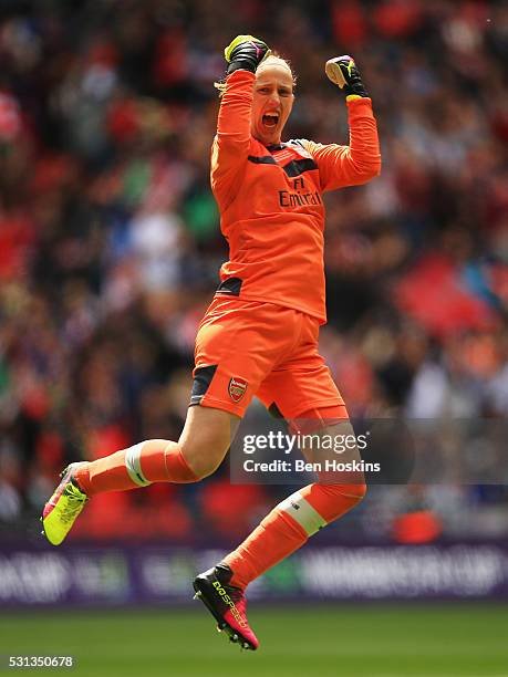 Goalkeeper Sari van Veenendaal of Arsenal celebrates as Danielle Carter of Arsenal scores their first goal during the SSE Women's FA Cup Final...