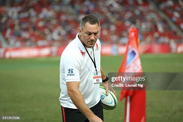 Mark Hammett of the Sunwolves looks on during the pre-match warm up before the round 12 Super Rugby match between the Sunwolves and the Stormers at...