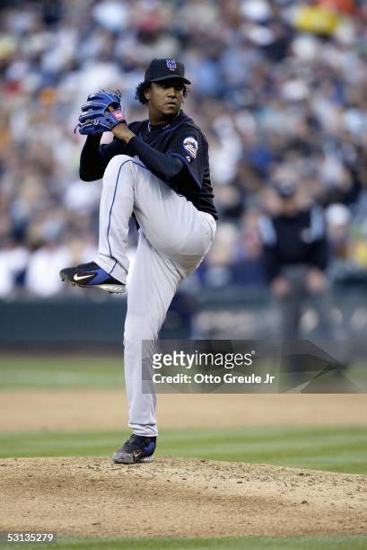 Pedro Martinez of the New York Mets pitches during the game with the Seattle Mariners on June 18 2005 at Safeco Field in Seattle Washington. The...