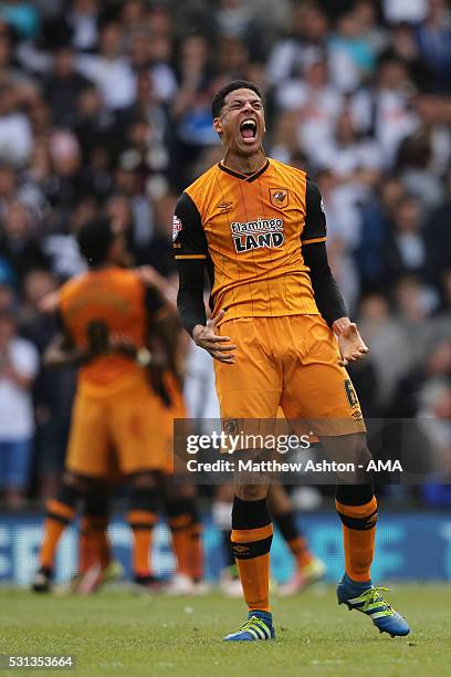 Curtis Davies of Hull City celebrates after an own goal to make it 0-2 during the Sky Bet Championship Play Off First Leg match between Derby County...