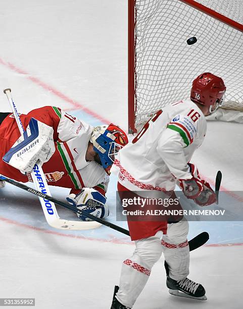 Belarus' forward Geoff Platt scores despite Hungary's goalie Miklos Rajna during the group B preliminary round game Hungary vs Belarus at the 2016...
