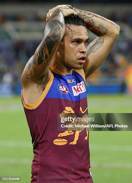 Allen Christensen of the Lions looks dejected after a loss during the 2016 AFL Round 08 match between the Brisbane Lions and the Collingwood Magpies...