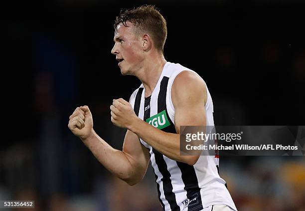 Ben Crocker of the Magpies celebrates during the 2016 AFL Round 08 match between the Brisbane Lions and the Collingwood Magpies at The Gabba on May...