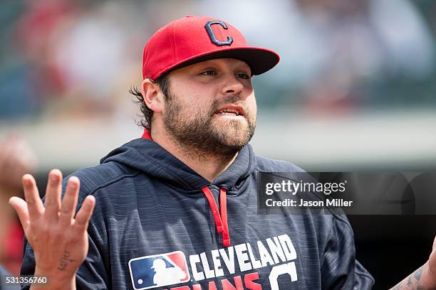 Joba Chamberlain of the Cleveland Indians in the dugout prior to the game against the Kansas City Royals at Progressive Field on May 7, 2016 in...