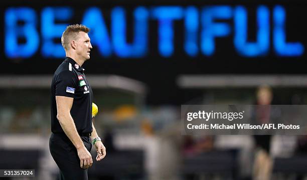 Nathan Buckley, Senior Coach of the Magpies looks on during the 2016 AFL Round 08 match between the Brisbane Lions and the Collingwood Magpies at The...