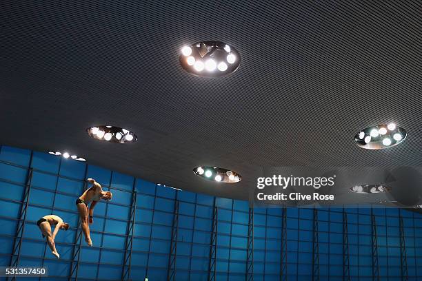 Andrzej Rzeszutek and Kacper Lesiak of Poland compete in the Men's 3m Synchro Final on day five of the 33rd LEN European Swimming Championships 2016...