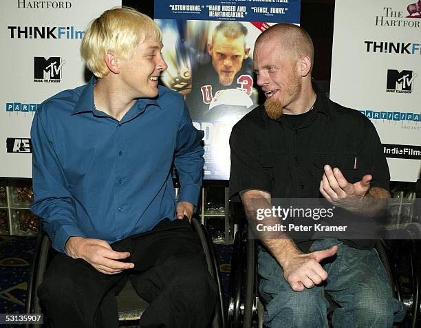 Rugby Players Mark Zupan and Andy Cohn attend the premiere of "Murderball" on June 22, 2005 in New York City.