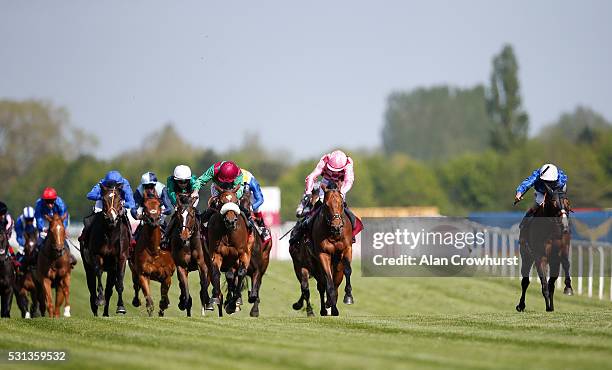 Andrea Atzeni riding Belardo challenge wide to win The Al Shaqab Lockinge Stakes at Newbury Racecourse on May 14, 2016 in Newbury, England.