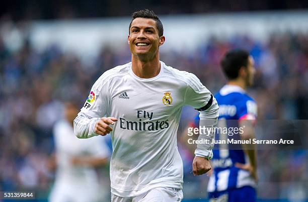 Cristiano Ronaldo of Real Madrid celebrates after scoring a goal during the La Liga match between RC Deportivo La Coruna and Real Madrid CF at Riazor...