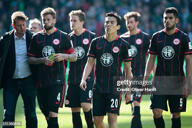 Makoto Hasebe of Frankfurt appears frustrated after the Bundesliga match SV Werder Bremen and Eintracht Frankfurt at Weserstadion on May 14, 2016 in...