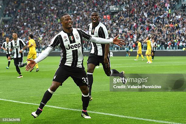 Patrice Evra of Juventus FC celebrates after scoring the opening goal during the Serie A match between Juventus FC and UC Sampdoria at Juventus Arena...