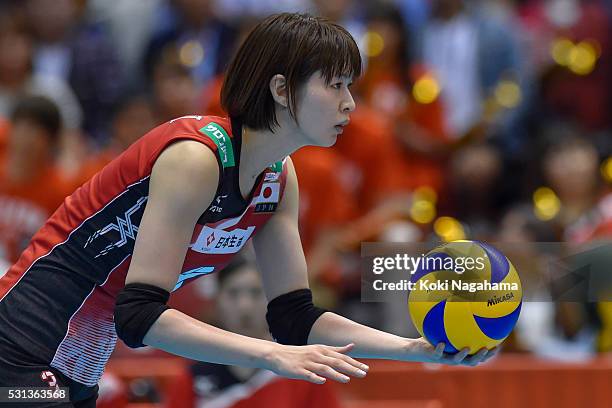 Saori Kimura of Japan serves the ball during the Women's World Olympic Qualification game between Japan and Peru at Tokyo Metropolitan Gymnasium on...