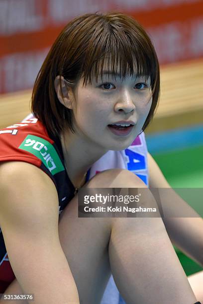 Saori Kimura of Japan reacts after winning the Women's World Olympic Qualification game between Japan and Peru at Tokyo Metropolitan Gymnasium on May...