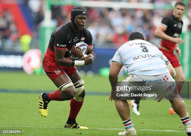 Maro Itoje of Saracens is challenged by Ben Tameifuna of Racing 92 during the European Rugby Champions Cup Final match between Racing 92 and Saracens...