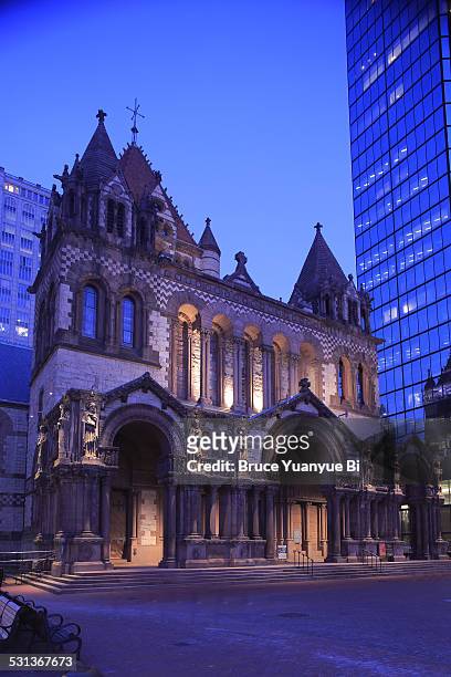 twilight view of trinity church - massachusettes location stock pictures, royalty-free photos & images