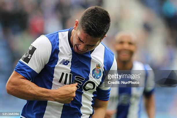 Porto's Portuguese forward Andr�� Silva celebrates after scoring goal during the Premier League 2015/16 match between FC Porto and Boavista FC, at...
