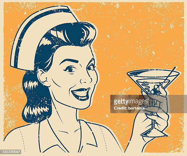 stockillustraties, clipart, cartoons en iconen met retro screen print nurse drinking a martini - dirty martini
