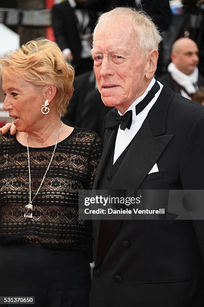Catherine Brelet and Max Von Sydow attend "The BFG " premiere during the 69th annual Cannes Film Festival at the Palais des Festivals on May 14, 2016...