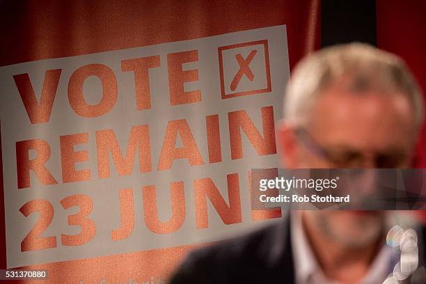 Jeremy Corbyn, leader of the Labour Party, speaks to supporters at a Rally to Remain event at The Fleming Room in the QE2 centre on May 14, 2016 in...