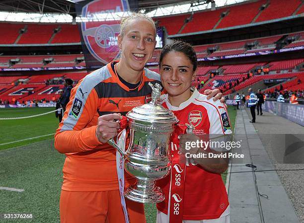 Sari van Veenendaal and Danielle van de Donk of Arsenal Ladies with the FA Cup Trophy after the match between Arsenal Ladies and Chelsea Ladies at...