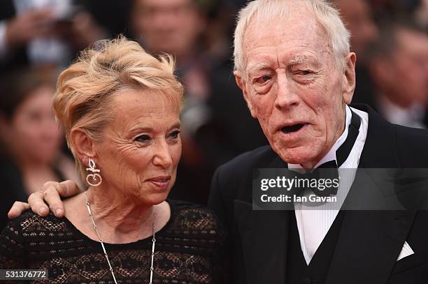 Catherine Brelet and Max Von Sydow attend "The BFG " premiere during the 69th annual Cannes Film Festival at the Palais des Festivals on May 14, 2016...