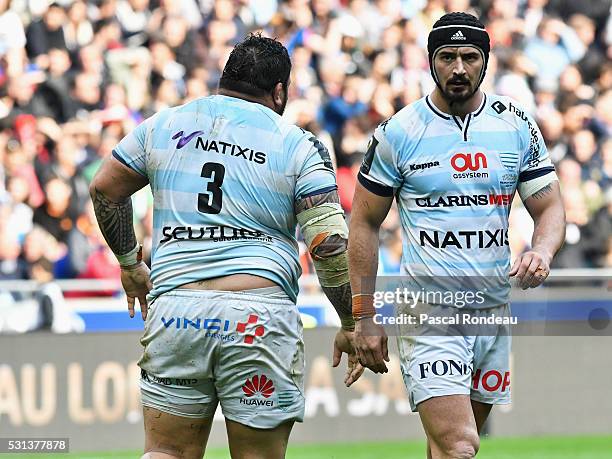 Alexandre Dumoulin and Ben Tameifuna from Racing 92 during the European Rugby Champions Cup Final match between Racing 92 and Saracens at Stade de...