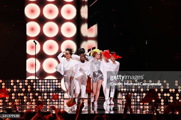 Laura Tesoro representing Belgium performs the song "What's The Pressure" at the Ericsson Globe on May 14, 2016 in Stockholm, Sweden.