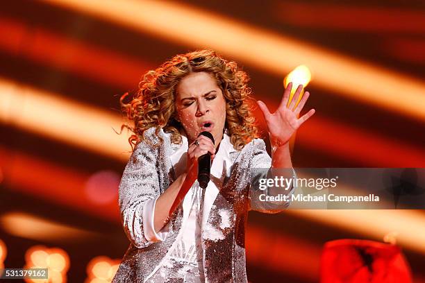 Laura Tesoro representing Belgium performs the song "What's The Pressure" at the Ericsson Globe on May 14, 2016 in Stockholm, Sweden.