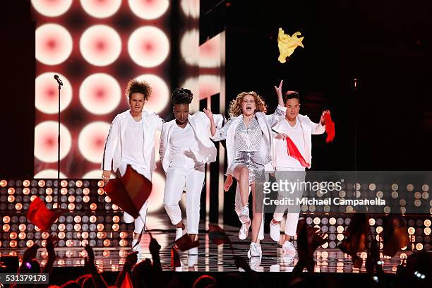 Laura Tesoro representing Belgium performs the song "What's The Pressure" at the Ericsson Globe on May 14, 2016 in Stockholm, Sweden.