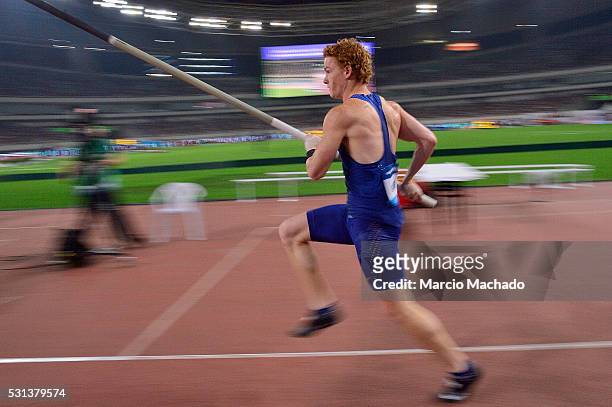 Shawn Barber of Canada competes in the Men��s Pole Vault during the IAAF Diamond League 2016 meeting at Shanghai Stadium on May 14, 2016 in Shanghai,...