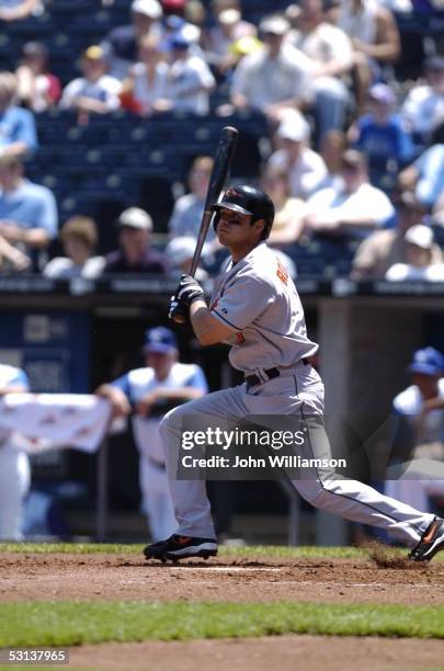 Brian Roberts of the Baltimore Orioles bats during the game against the Kansas City Royals at Kauffman Stadium on May 19, 2005 in Kansas City,...