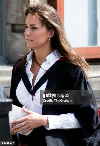 New graduate Kate Middleton wears a traditional gown to the graduation ceremony at St Andrew's University to collect her degree in St Andrew's on...