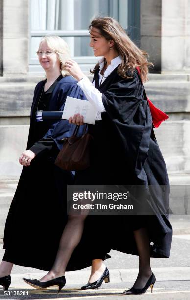 New graduate Kate Middleton, the girlfriend of Prince William, wears a traditional gown to the graduation ceremony at St Andrew's University to...