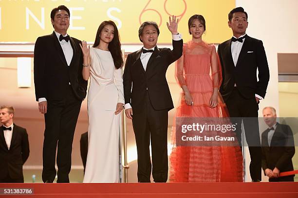 Ha Jung-Woo, Kim Min-Hee, Park Chan-Wook, Kim Tae-Ri and Jo Jing-Woong attend "The Handmaiden " premiere during the 69th annual Cannes Film Festival...