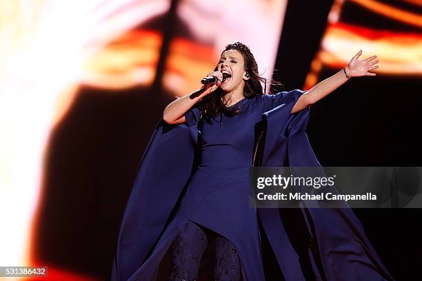 Jamala representing Ukraine performs the song "1944" at the Ericsson Globe on May 14, 2016 in Stockholm, Sweden.