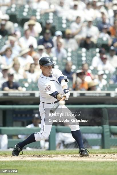 Brandon Inge of the Detroit Tigers bats during the game against the Baltimore Orioles at Comerica Park on June 5, 2005 in Detroit, Michigan. The...