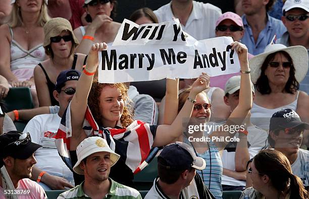 Fans of Andrew Murray of Great Britain show their support against Radek Stepanek of Czech Republic during the fourth day of the Wimbledon Lawn Tennis...