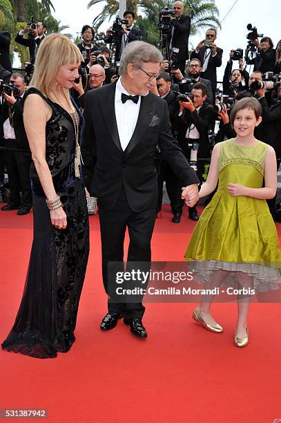 Kate Capshaw, Steven Spielberg and Ruby Barnhill attend "The BFG" premiere during The 69th annual Cannes Film Festival on May 14, 2016 in Cannes,...