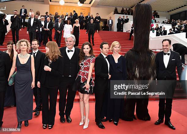 Lucy Russell, director Maren Ade, actors Ingrid Bisu, Trystan Puetter, Sandra Hueller, mascot of the movie and Thomas Loibl attend the "Toni Erdmann"...