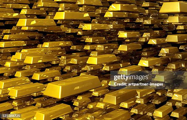 a large amount of shiny floating gold bars - gold bars stock illustrations