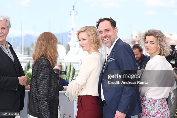 Peter Simonischek, Maren Ade, Sandra Huller, Thomas Loibl and Lucy Russell attend the "Toni Erdmann" photocall during the annual 69th Cannes Film...