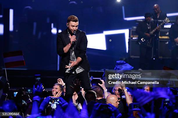 Justin Timberlake performs his new single "Can't Stop The Feeling" at the Ericsson Globe on May 14, 2016 in Stockholm, Sweden.