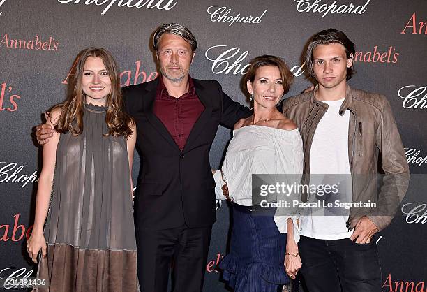 Mads Mikkelsen poses with wife Hanne Jacobsen and children Carl Jacobsen Mikkelsen and Viola Jacobsen Mikkelsen at the Chopard Gent's Party at...