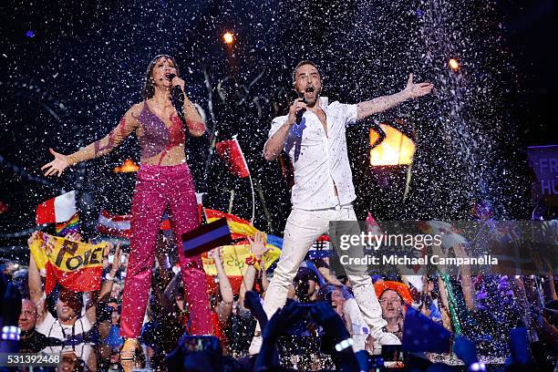 Hosts Mans Zelmerlow and Petra Mede are seen at the Ericsson Globe on May 14, 2016 in Stockholm, Sweden.