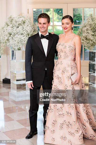 On Friday, May 13 at the White House, Model Miranda Kerr and her boyfriend, Snapchat CEO Evan Spiegel, arrive for the Nordic State Dinner.