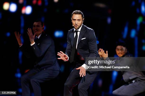 Host Mans Zelmerlow performs at the Ericsson Globe on May 14, 2016 in Stockholm, Sweden.