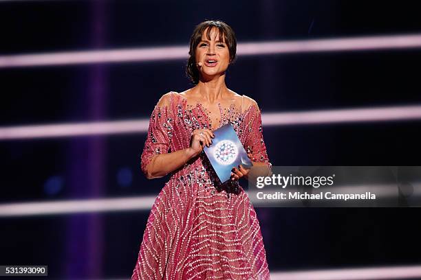 Host Petra Mede is seen at the Ericsson Globe on May 14, 2016 in Stockholm, Sweden.