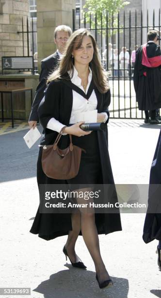 Prince William's girlfriend, Kate Middleton, arrives for his graduation ceremony at the University Of St Andrews on June 15, 2005 in St Andrew's,...