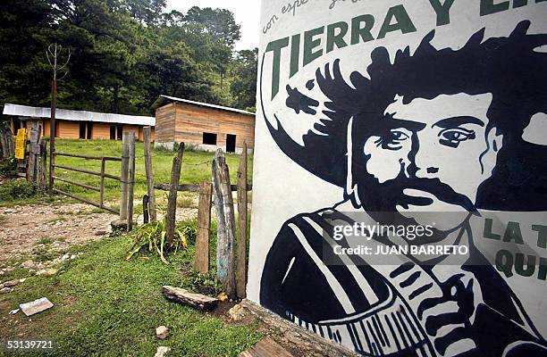 Detail of a mural painting of Mexican revolution leader Emiliano Zapata at the entrance of the "Our Words' Whirlwind" supporting base of the...